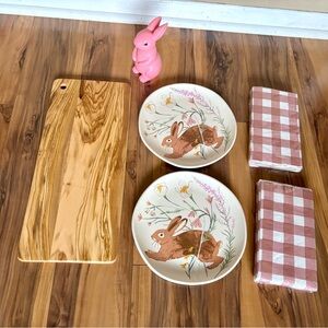Lot of Easter spring rabbit decor salad plate serving board checker plaid napkin